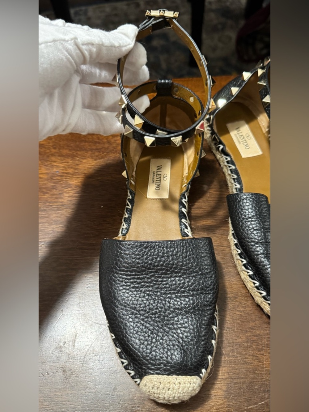 Valentino Garavani Black Leather Studded Espadrille Flats with Tan Accents - Picture 2 of 4